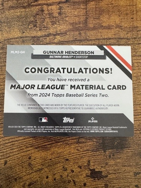2024 Topps Series 2 - Major League Materials Gunnar Henderson #MLM2-GH (MEM) - Image 2 of 2
