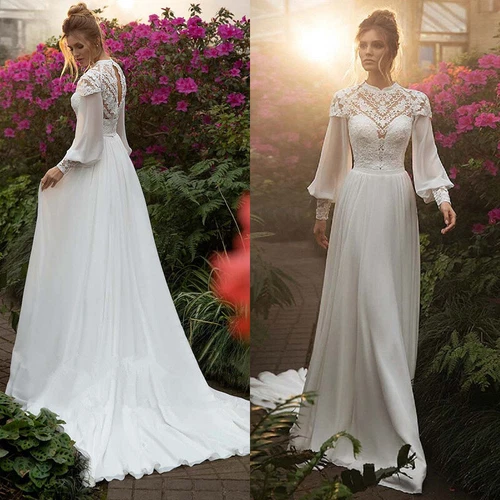 OFF WHITE Abiti da sposa donna chiffon maniche a sbuffo boho applicazioni pizzo abiti collo alto