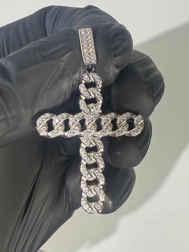 Mens 925 Sterling Silver / 14K Gold Plated Cuban Link Cross Pendant Necklace - Picture 4 of 5