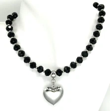 Stainless Steel Heart 8mm Black Glass Beaded Necklace Pendant 20" w Toggle Clasp