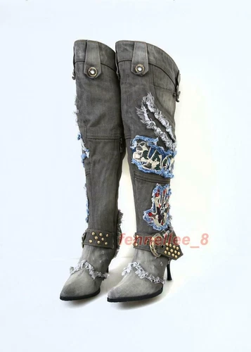 Botas hasta la rodilla de mezclilla con estrás para mujer parche remache tacones de aguja tacón punta puntiaguda - Imagen 4 de 8