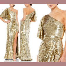 NWT Mac Duggal [ 2 ] Embellished Cap Sleeve Cowl Neck Trumpet Gown Gold G1935
