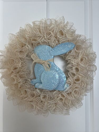 Cream Easter Decorative Mesh With Metal Easter Bunny Front Door Wreath