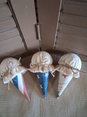 3 Handmade Primitive Patriotic July 4  5'' Fake Faux Ice Cream Cones  Bowl Filler