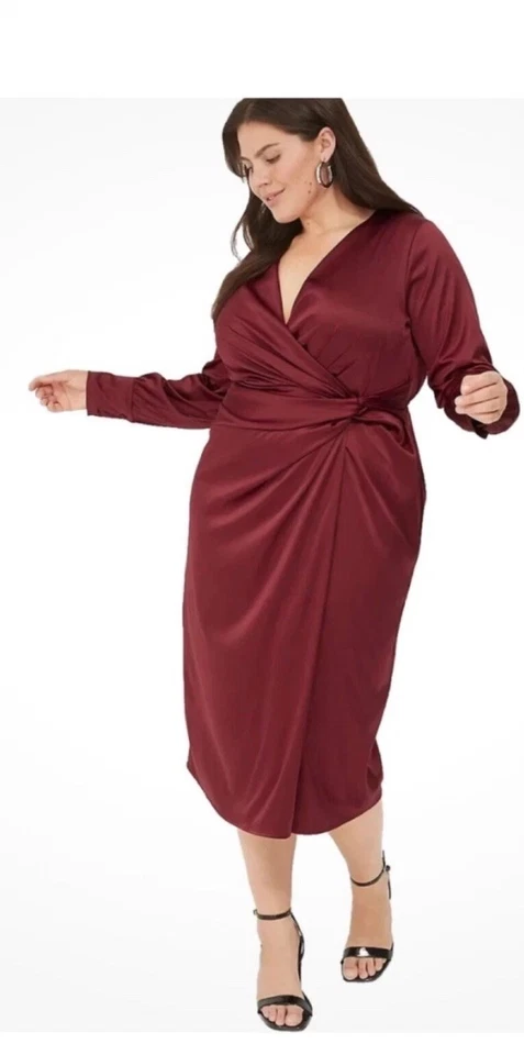 Lane Bryant Red Rhubarb Stretch Satin Knot-Front Midi Dress 18-20 New Holiday - Image 2 of 4