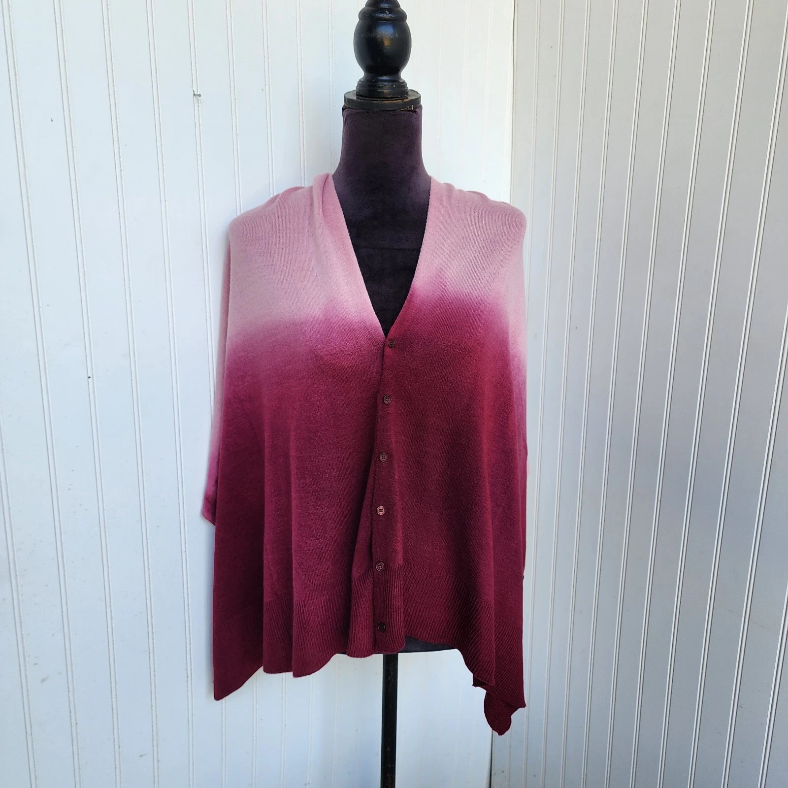 Soft Acrylic Sweater Poncho Pink Burgundy Cherry Ombree Boho Lagenlook OS