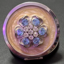 Argento SC Compact Mirror w/Swarovski Crystal silver tone Bejeweled Blue Flower 