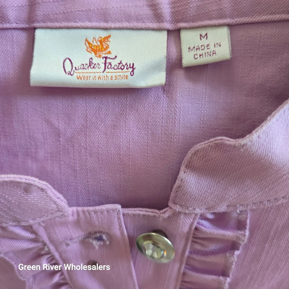 Quacker Factory Embellished Denim Jacket Ruffle Trim Button Front Light Purple M - Image 2 of 4