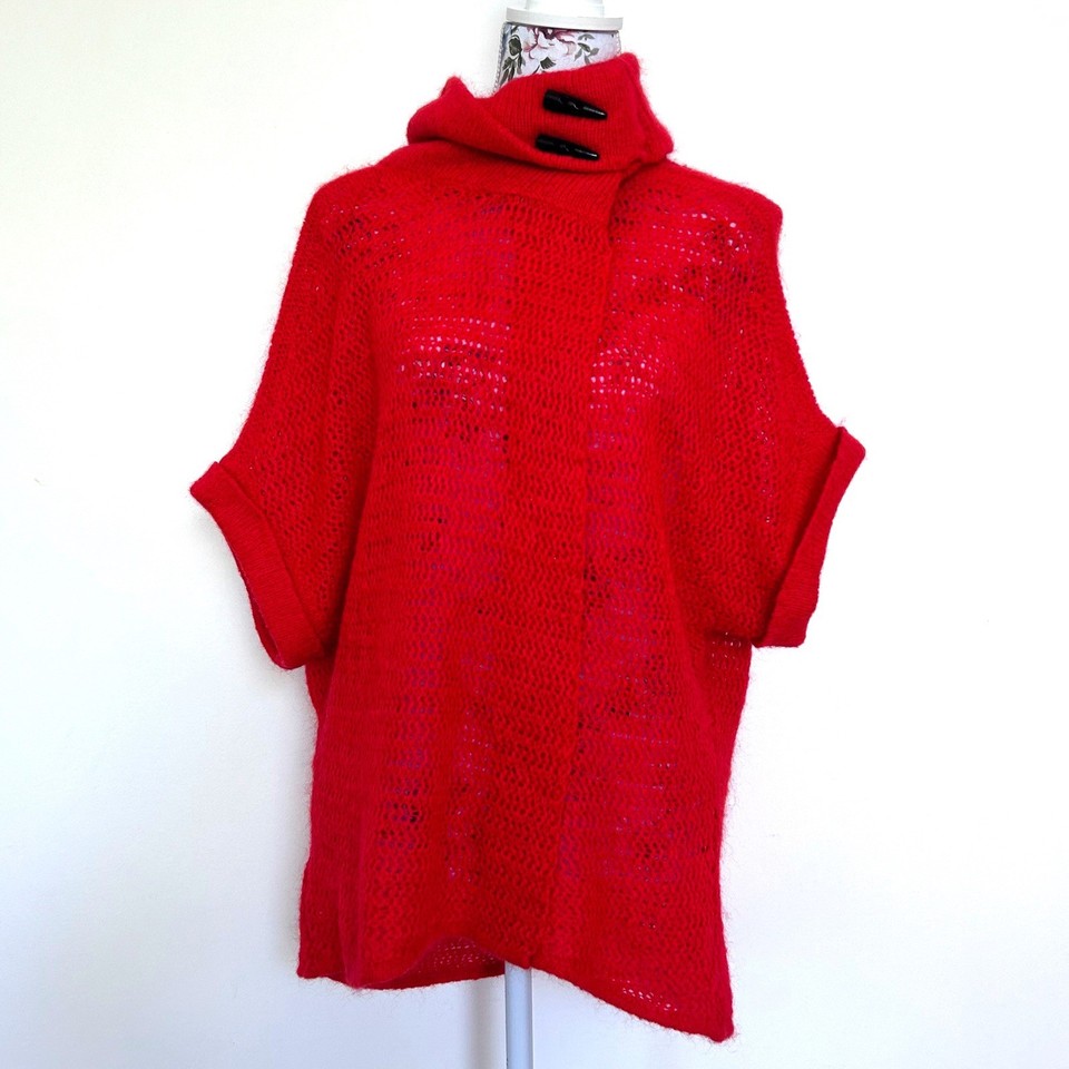 Trenery Poncho Jumper Size M Red Mohair Blend Knit Soft Cosy Button Roll Neck