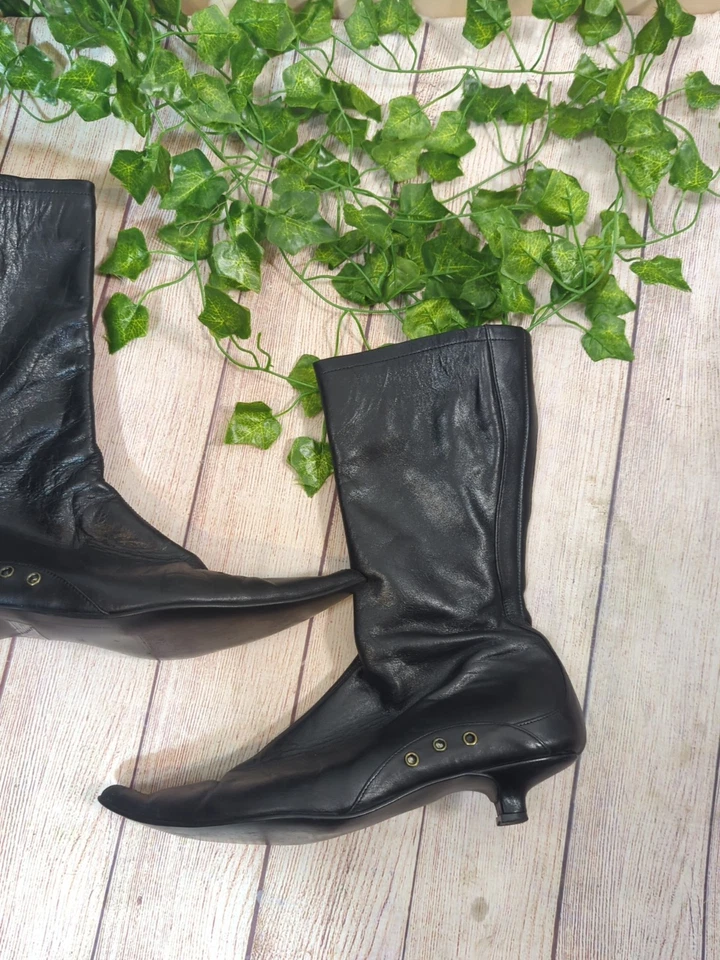 CARLOS CONTI Y2K 复古 80 黑色皮革尖头中跟踝靴 8 — 第 3/4 张图片