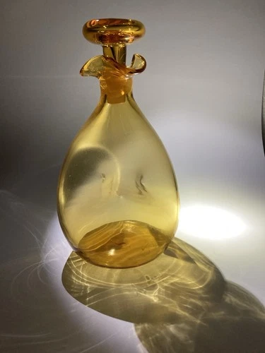 Vintage Blenko Handmade Glass 49 Pinched Decanter in Lemon / Yellow w/ stopper