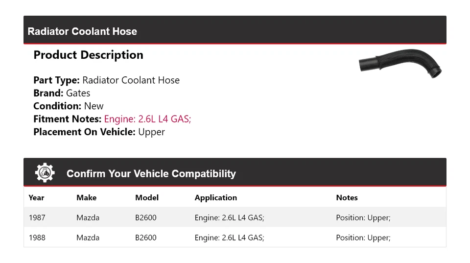 Manguera de refrigerante de radiador de gas de 2,6 L L4 para Mazda B2600 1987-1988 puertas superiores Foto 2 de 4