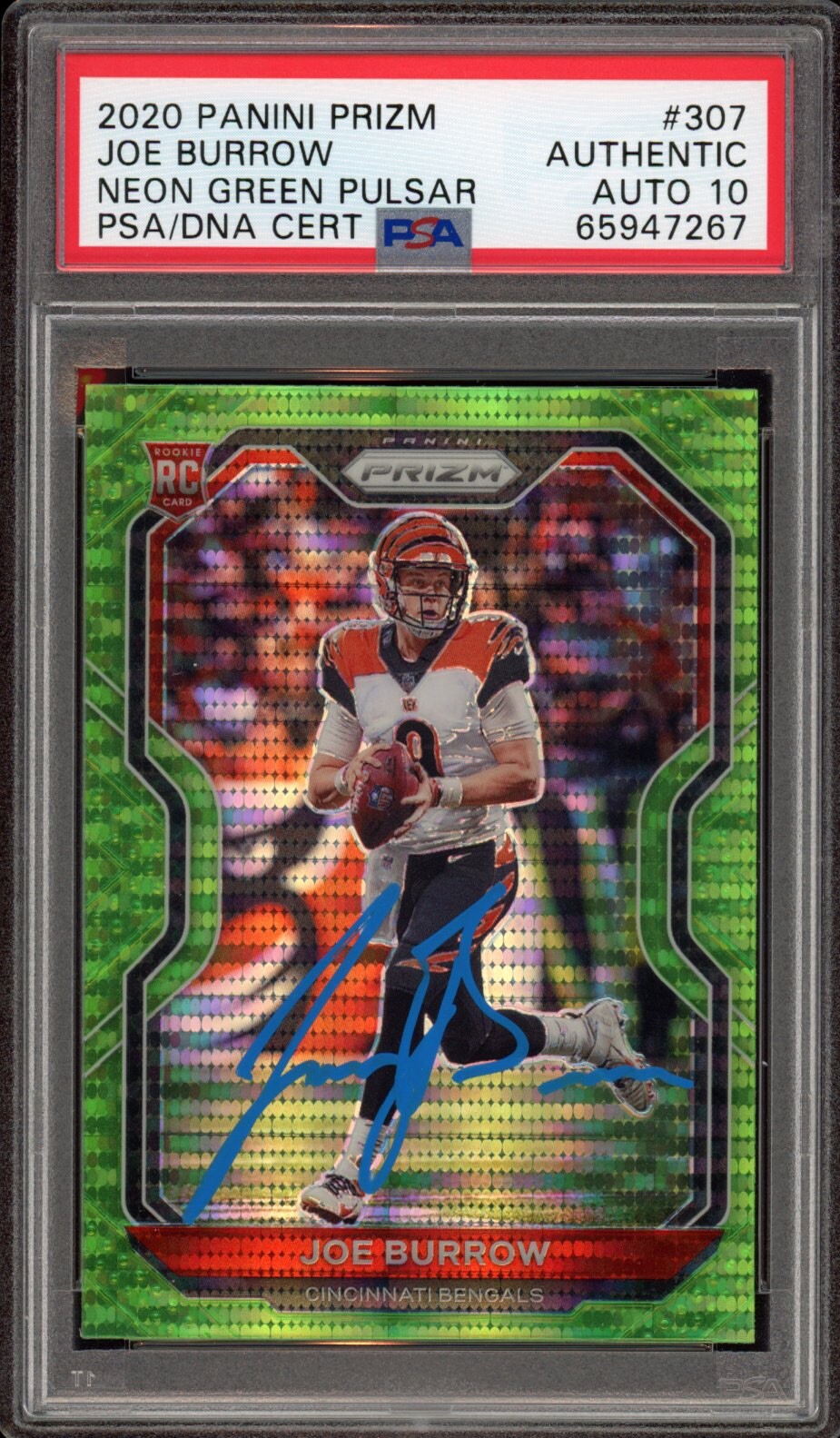 2020 Panini Prizm #307 Joe Burrow Signed Neon Green Pulsar Rookie PSA AUTO 10 RC