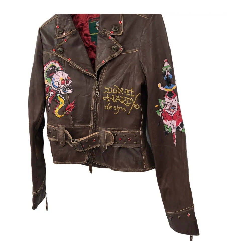 🚨🔥Vintage Ed Hardy Hardy Christian Audigier Womens Leather Jacket SM Moto image 10