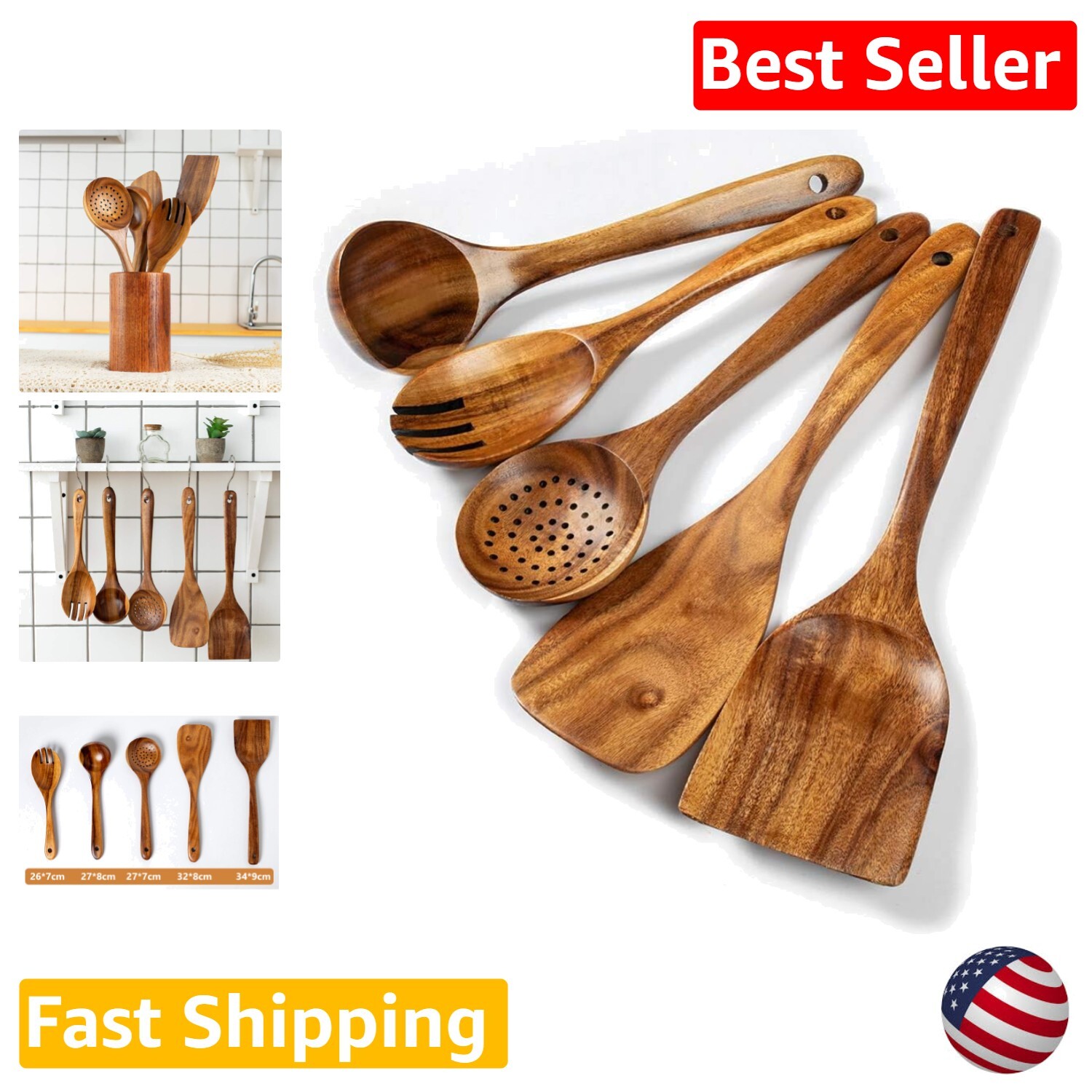 5-Piece Wooden Kitchen Utensil Set - Natural Acacia Spurtles for Non-Stick Pans