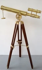 NAUTICAL BRASS WOODEN TRIPOD TELESCOPE DOUBLE BARREL ASTRO COLLECTIBLE GIFT DECO