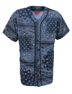 MEN'S BANDANA BASEBALL JERSEY BUTTON DOWN SHORT SLEEVE SHIRTS S