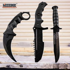 BLACK 3PC COMBO KNIFE SET Tactical Survival Hunting Camping Fixed Blade 