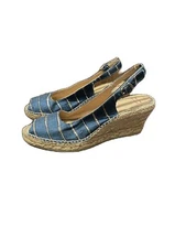 Toni Pons 8.5 Espadrilles Woven Navy Gold Stripe Slingback Wedge Peep Toe Heels