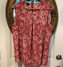 Talbots red cream Artsy pleated sleeveless pullover travel beach cozy blouse 14