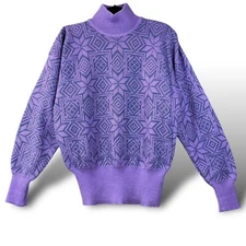 VTG Tyrolia Skiwear Sweater Women Sz S Purple Fair Isle Mock Neck Pullover 80s