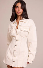 NEW PrettyLittleThing White Ecru Long Sleeve Button Up Denim Jean Dress US 6