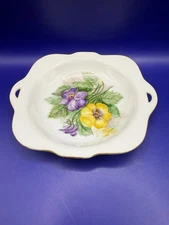 Vintage Handpainted Candy Dish Pansies Gold Rim Retriculated Handles