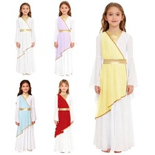 Girls Ancient Greek Princess Costume Long sleeves Dress Roman Empress Toga Robe