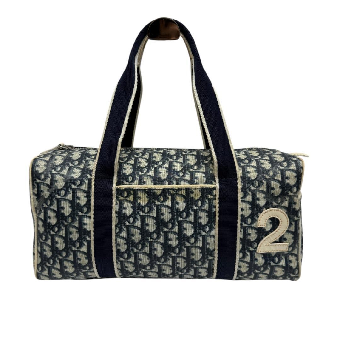 Christian Dior Mini Boston Hand Bag Tote Purse Trotter Canvas Leather Navy Auth
