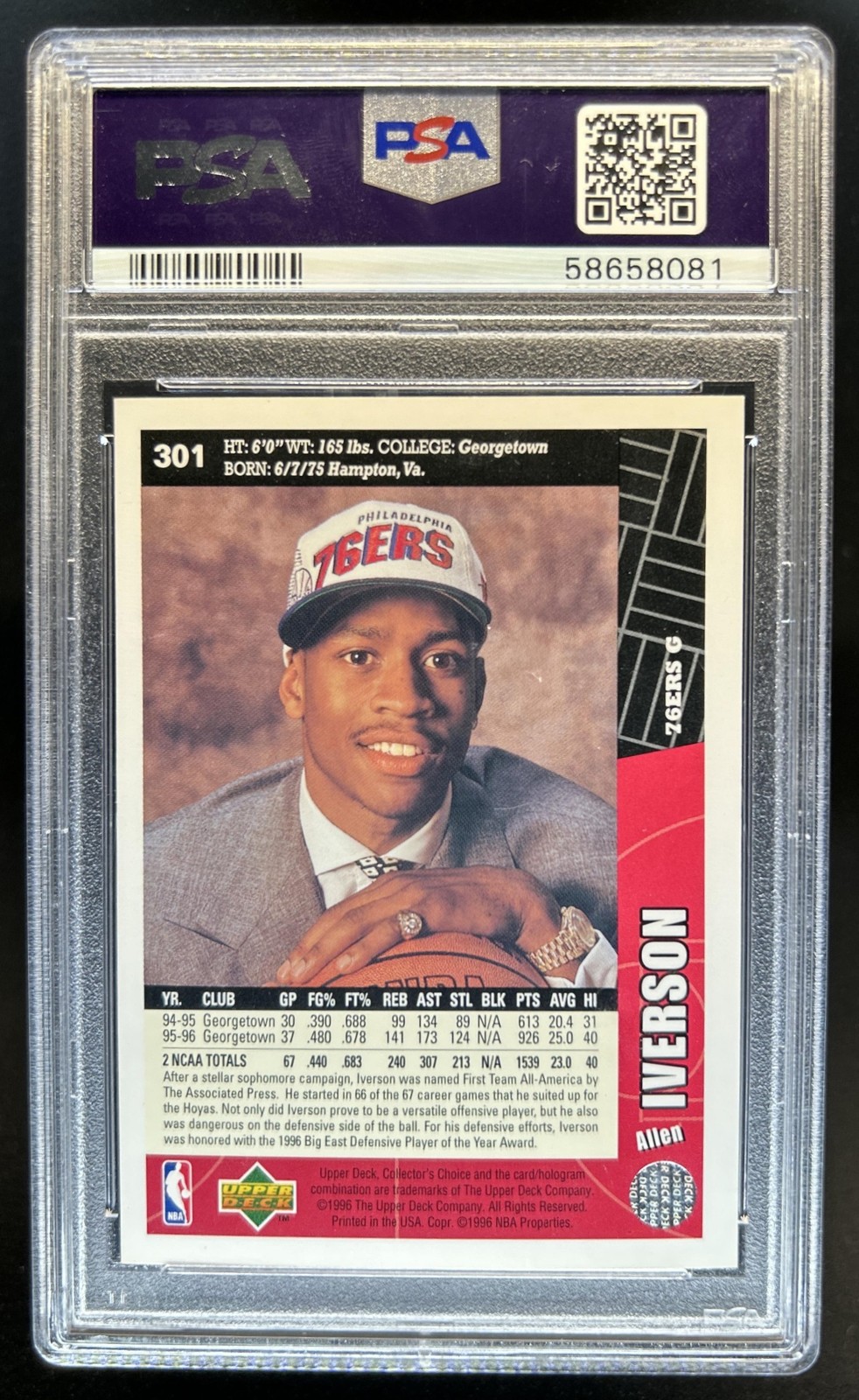 1996-97 Upper Deck Collector's Choice Allen Iverson Rookie RC #301 76ers PSA 10 view 2