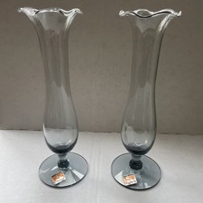 Vintage Hand Blown Smoky Clear Glass Bud Vases Mexico Ruffle Rim Set Of 2