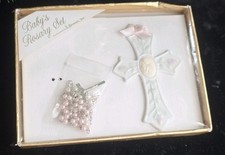 Pink  Silvertone Religious Rosary Crucifix Cross  Porcelain Ornament Baby Girl