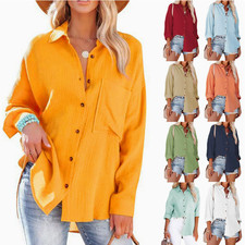 Women's Loose Long Sleeve Button Down Shirt Casual Solid Color Top S-5XL