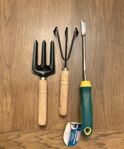 3 Pièce NEW Ensemble d'outils de jardinage Poignée de bois Cultivateur Rake Dandelion Weeder