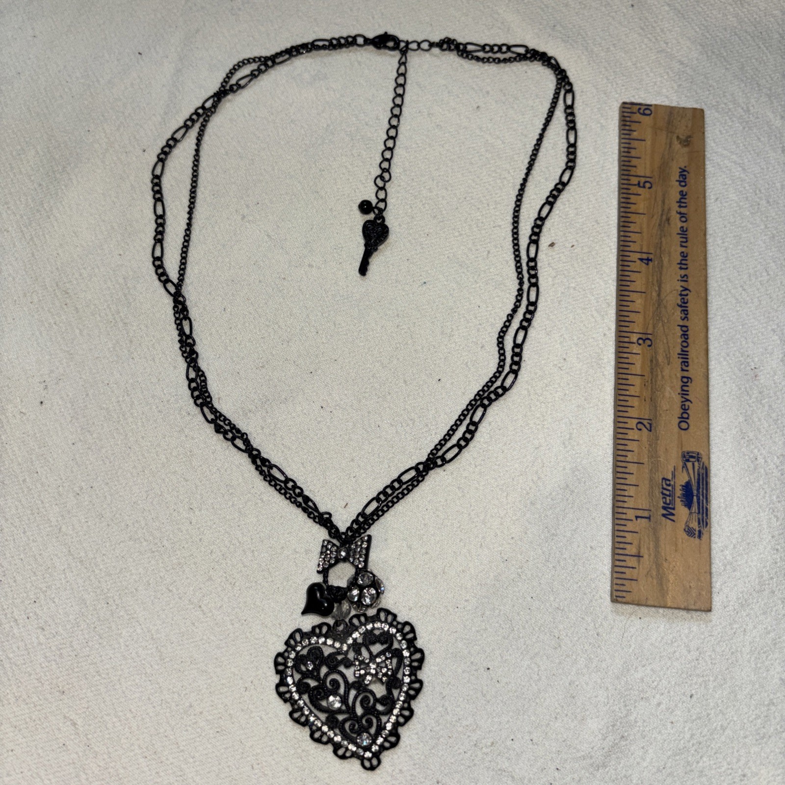 Betsy Johnson Statement Necklace filigree heart pendant sparkling rhinestones.