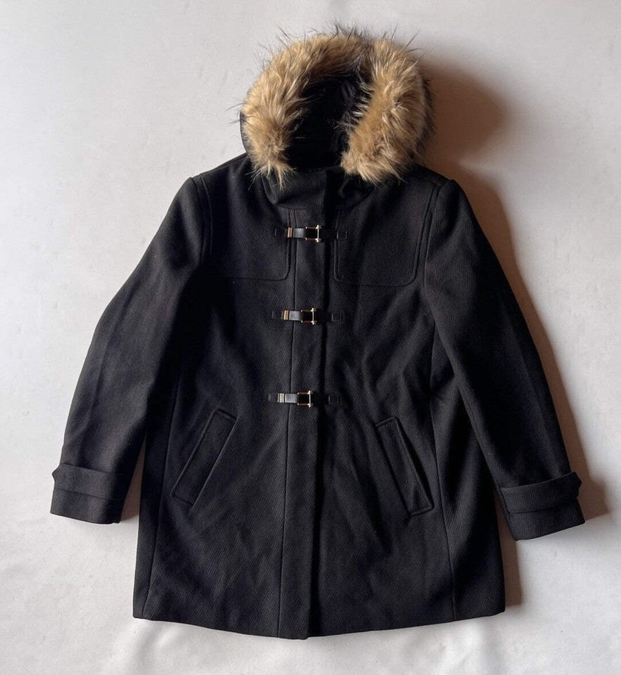 Cole Haan Jacket Women XL  Wool Blend Faux Fur Hood 
