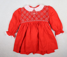 POLLY FLINDERS - VINTAGE GIRL'S RED HAND SMOCKED DRESSS - SIZE T-2 / 2T