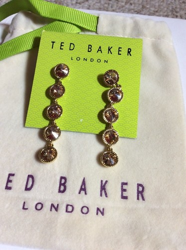 $69 Ted Baker Gold Crystal Long Drop Gold Tone Earrings A210 - Picture 3 of 7