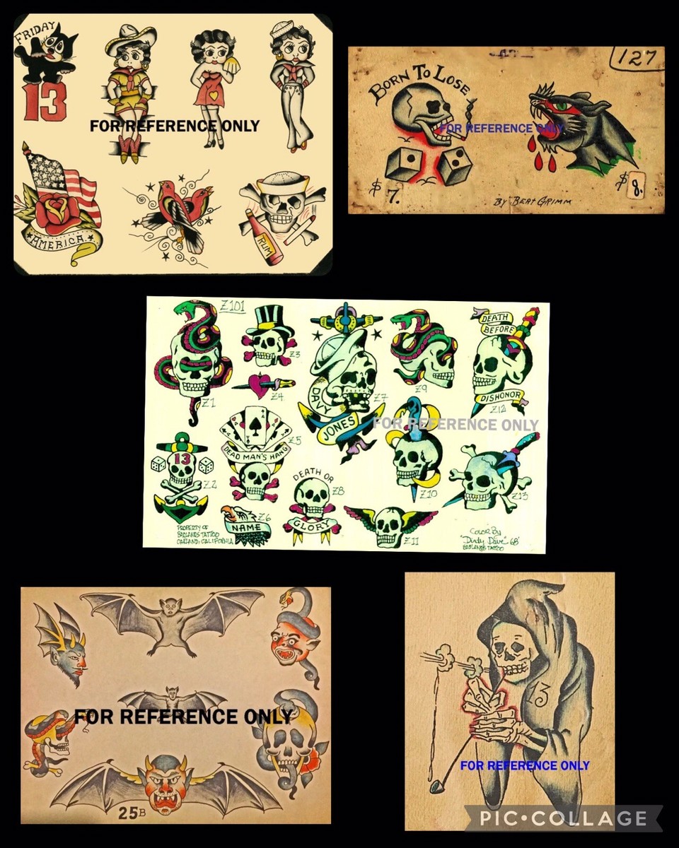 Bundle of FIVE Skulls VINTAGE TATTOO Flash Sheets Tattoo