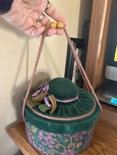 Fun Hat Box Sewing Basket with Cord Handles Pin Cushion Top Inside Pockets		$