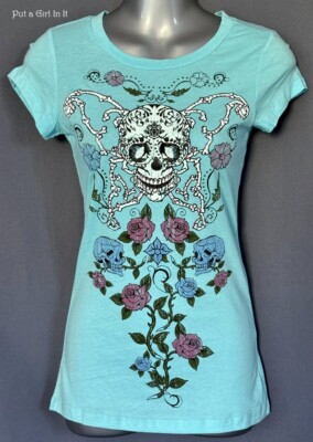 VOCAL Womens CRYSTAL AQUA BLUE SKULL ROSES BUTTERFLY T SHIRT S M L XL New USA