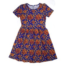 LuLaRoe Amelia Floral Dress Sz XL Pockets Short Sleeve Stretch Zip Blue Orange