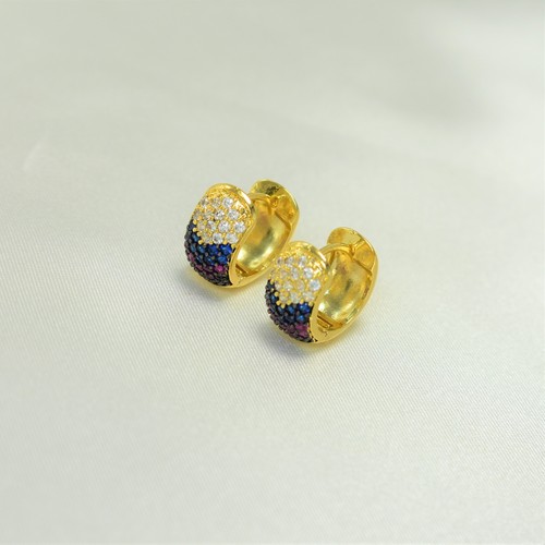 Multi Color CZ Huggie Earrings, 14k Gold Plated Huggie, CZ Stones - For Women - Picture 8 of 9