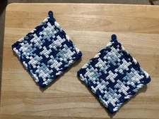 Handmade 2 Multicolor Cotton Woven Potholders 3 Colors Blue Powder Blue White