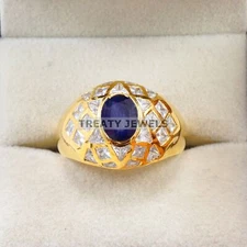 Blue Sapphire Oval Cut With 925 Sterling Silver Gold Plated Ring For Men #B611 *