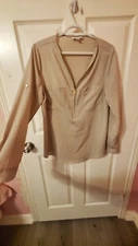 Calvin Klein, Medium,  beige,  1/2 Zip Up Shirt Blouse Low Cut Silky Long Slv