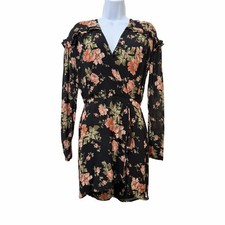 Reformation Elodie Floral Ruffle Faux Wrap Mini Dress Size 0 Black Dark Cottage