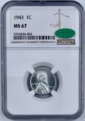 1943 P 1C Lincoln Cent Steel Wheat Penny NGC MS 67 CAC Approved
