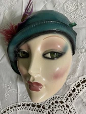1980’s  Vintage Clay Art Wall Mask S.F., Flamingo  Decor  Green hat W/ feathers