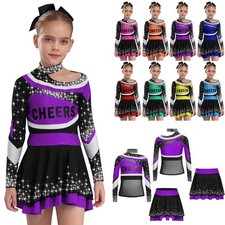 Kids Girls Cheerleading Uniform Hallween Cheer Leader Long Sleeve Top Skirt Set